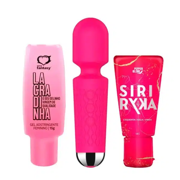 Kit com Mini Toy Vibrador Varinha Mágica Siri Ryka Gel Comestível e Lacradinha Gel Adstringente Femi