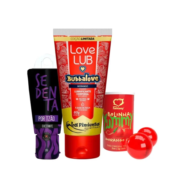 Kit com Yummy Bolinha Beijável Sedenta por Tesão e Love Lub Bubbalove Lubrificante Beijável